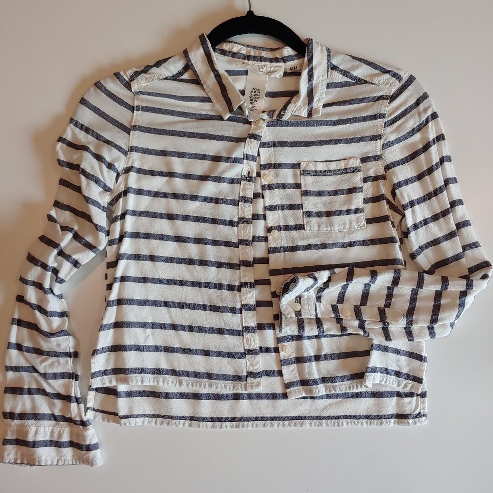 H&M | Charcoal Black Stripe Long Sleeve Woven Button Front Shirt | 10-11 Yr